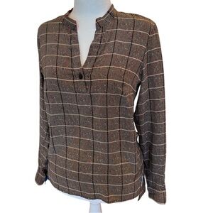 Worth New York Plaid Split Neck Blouse P Long Sleeve Multicolor Microdot Tunic